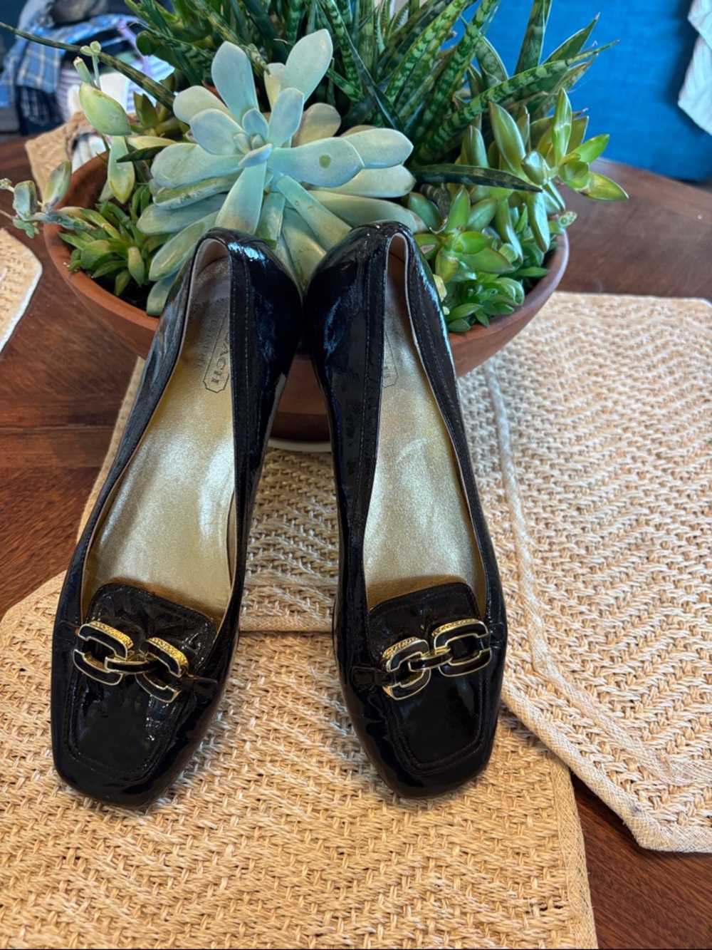 Coach Women’s dark brown Patent Loafers with Gold logo Accent